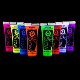 8 x 10ml UV-Bodypaint Körpermalfarben Schwarzlicht fluoreszierende Schminke Bodypainting Neon Farben Leuchtfarben - 1