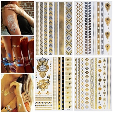 B-Gatti Tätowierung Wasserdicht Metallic Temporäre Tattoo 16sheets in Gold Silber Aufkleber Körper Gefälschte Schmuck Tattoos Über 200 Designs für Frauen Jugendliche Mädchen Body Art - 4