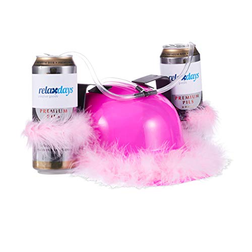 Relaxdays Bierhelm Pink, Helm mit Schlauch, für 2 Dosen Bier, Junggesellenabschied Frau, Party Trinkhelm, rosa Federn -