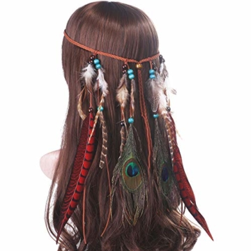 AWAYTR Damen Hippie Boho Indianer Stirnband Feder Stirnbänder für Abendkleider Halloween Karneval (Rot) - 3