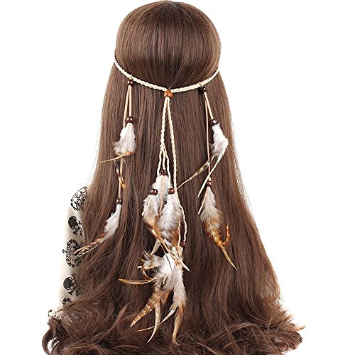 Ssowun Stirnband Bohemien,Haarbänder Federn Indianer Kopfschmuck Hippie Indisch Haarband Haarschmuck für Party Strand Fotografie EINWEG Verpackung - 1